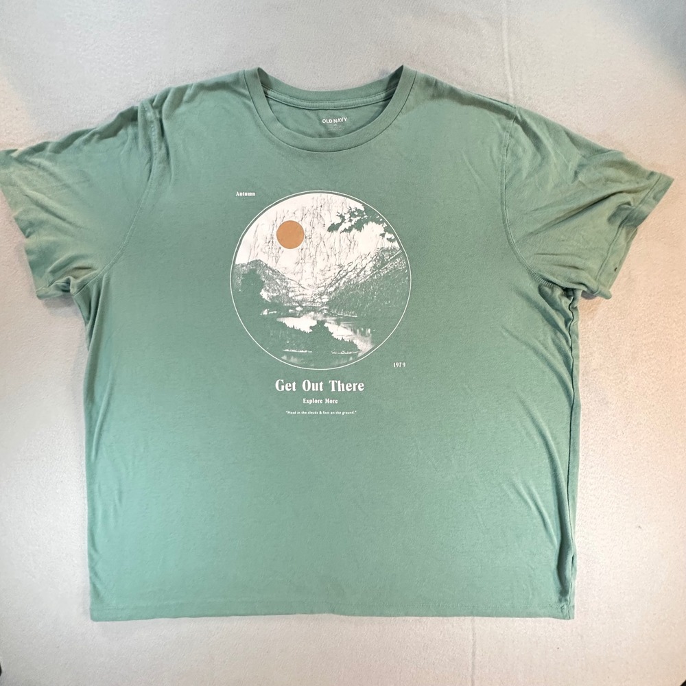 Old Navy Mens XXL Green Get Out There Explore More Graphic T-Shirt Soft Washed